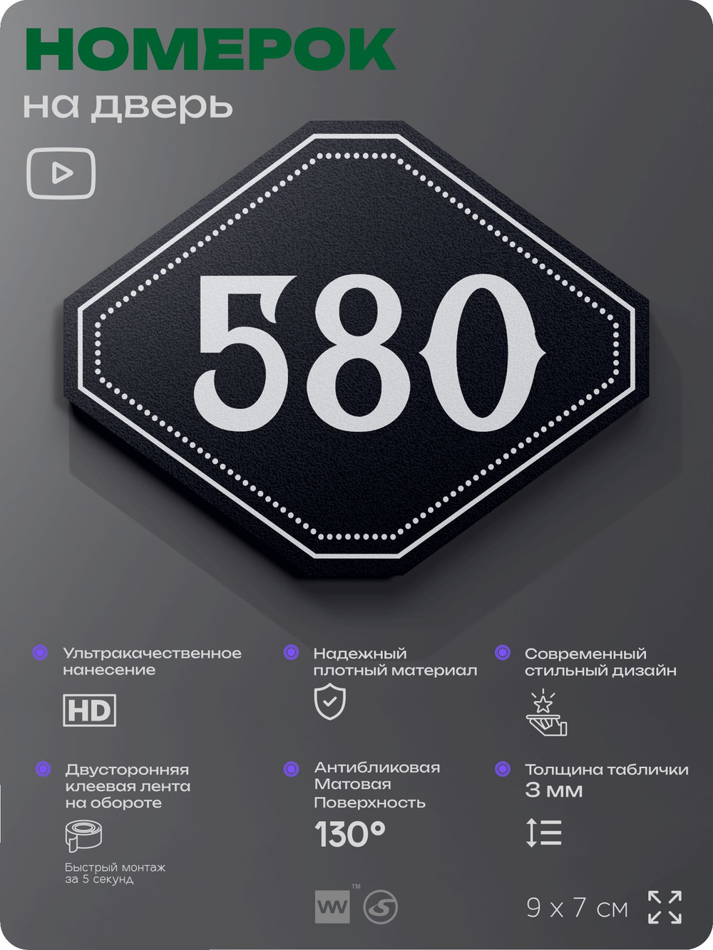Номерок на дверь квартиры 580, для кабинета, офиса, шильдик 9 х 7 см, черный, Айдентика Технолоджи