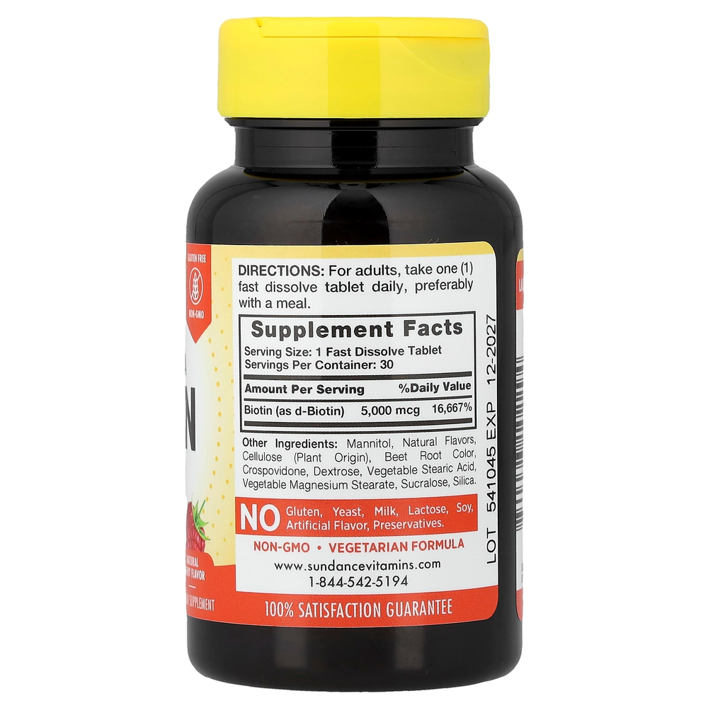 Sundance Vitamins, биотин, натуральные ягоды, 5000 мкг, 30 быстрорастворимых таблеток