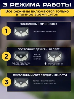 Светильник на солнечной батарее уличный светодиодный беспроводной аккумуляторный . Прожектор с 100 LED лампами и датчиком движения для дома, дачи. Комплект 4 шт.