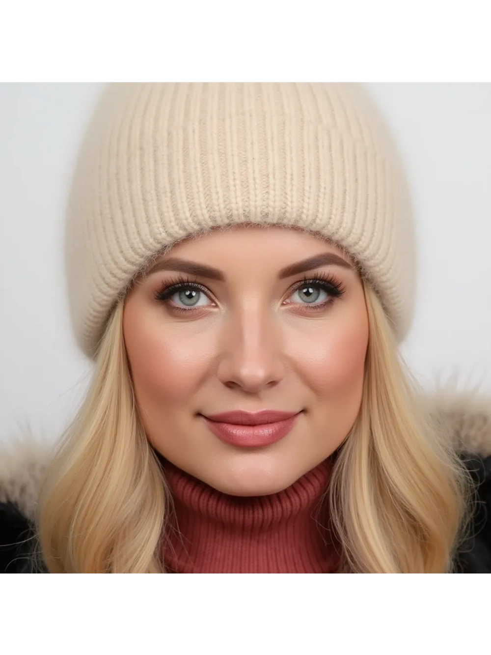 шапка вязаная бини ангора теплая демисезонная с отворотом