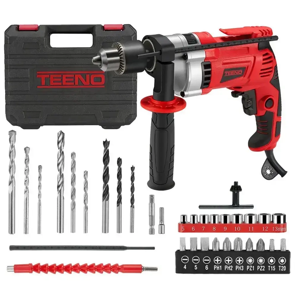 Дрель электрическая TEENO,910 Вт,0-3000 об/мин,38 аксессуаров,реверс,регулировка оборотов,в кейсе
