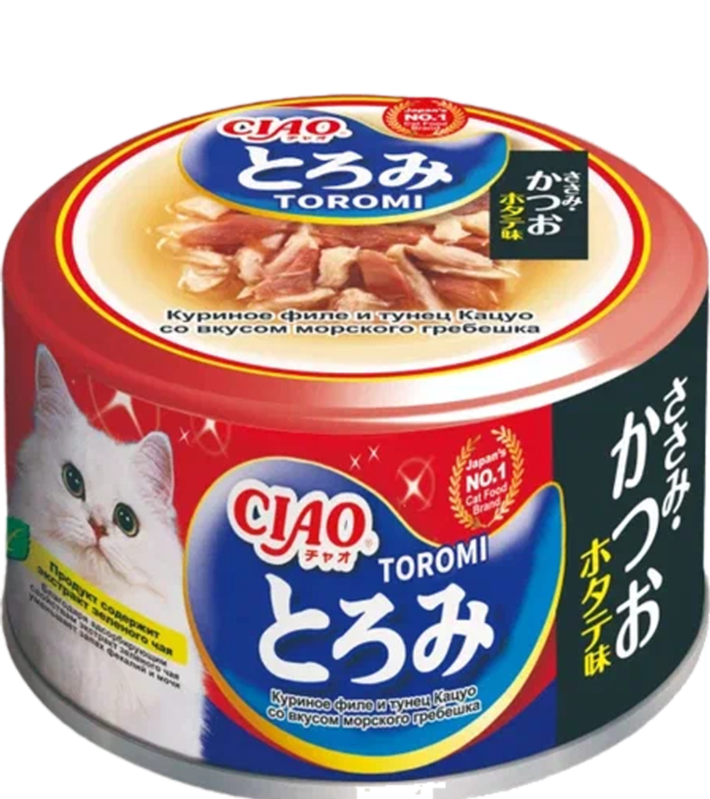 Inaba Ciao Toromi консервы для кошек, куриное филе с тунцом кацуо, морским гребешком в бульоне 80гр.