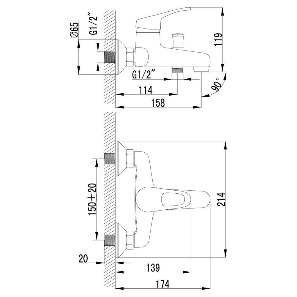 LM3102C Омега Смеситель для ванны с коротким изливом , хром (к/к 8)