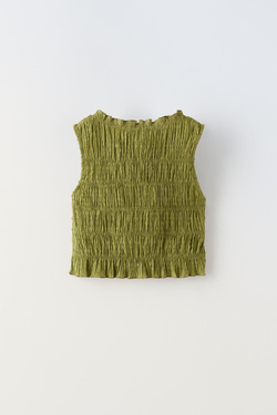 ZARA ТОП С ВЫШИВКОЙ ПЛЮМЕТИ И ЭЛАСТИЧНЫМИ ДЕТАЛЯМИ, МЯГКИЙ ЗЕЛЕНЫЙ