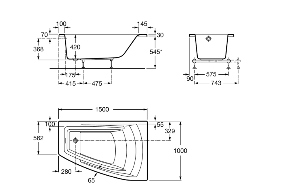Акриловая ванна Roca Hall Angular 150x100 ZRU9302864 левая схема