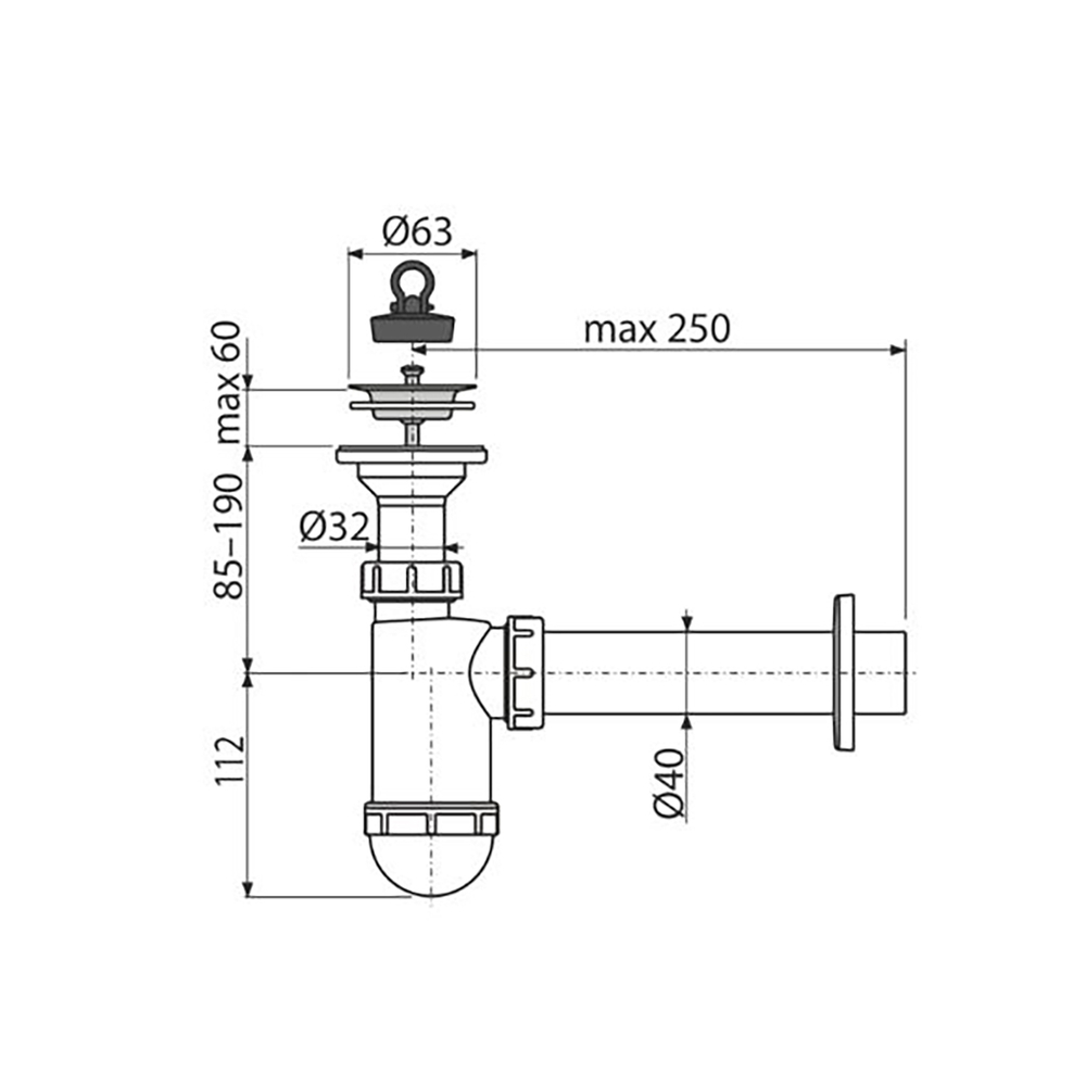Сифон для умывальника 1 1/2*40 A41/AG210512140 с пробкой, с трубой 40*40  ALCAPLAST/Alcadrain
