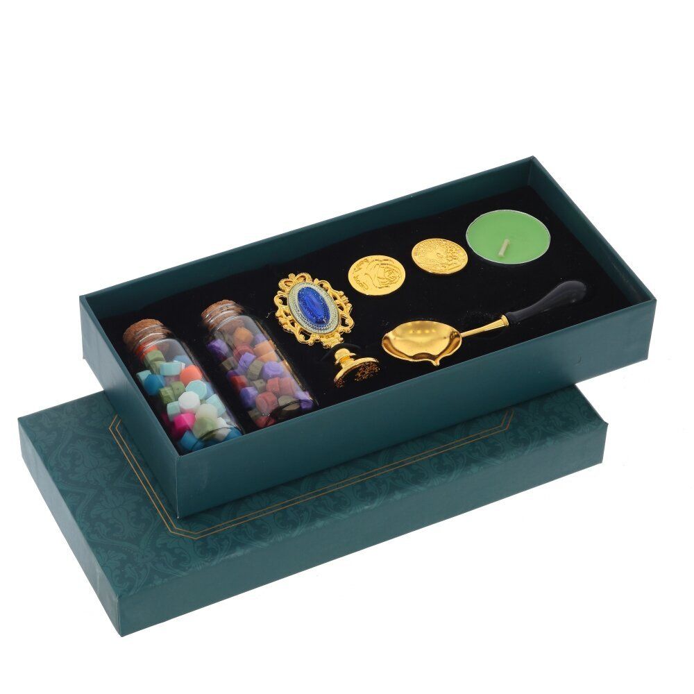 GAEM Набор для сургучной печати: ложка, воск, свеча, печать, 2 штампа, в ассортименте, L23 W11 H4 см