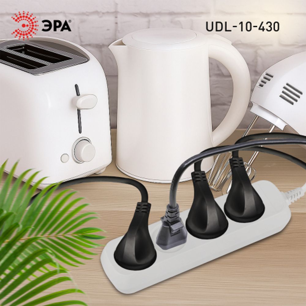 Удлинитель электрический ЭРА UDL-10-430 Greenline 4 розетки без заземления 3м ПВС 2x0.75мм2 | Бытовые удлинители