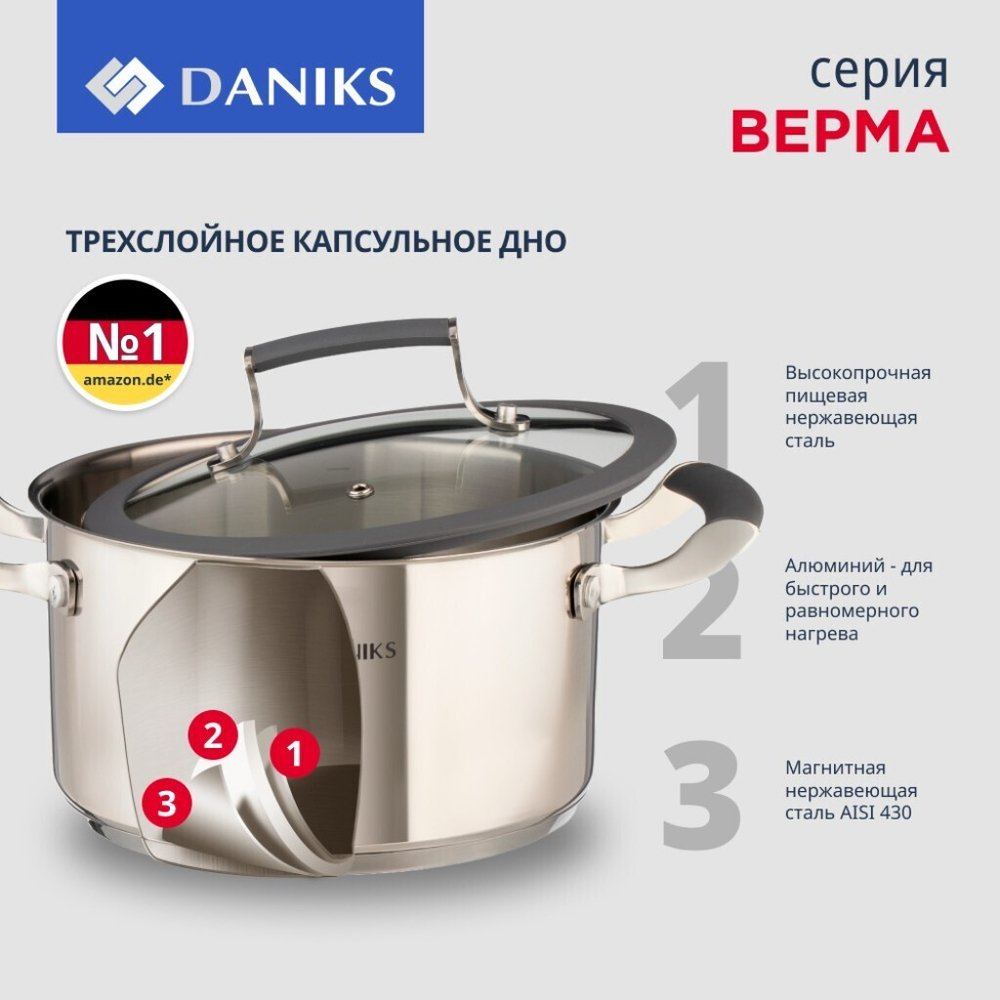 Кастрюля нерж, 1.7 л, с крыш, крыш стекло, кругл, Daniks, Верма, CW-S071-16, индукц