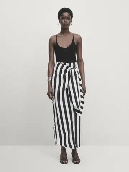 Massimo Dutti Юбка в полоску из 100% льна - Studio, белый