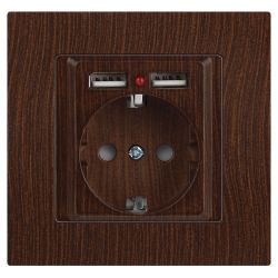 Розетка Intro Accent 6-410-10 с заземлением 2P+E Schuko со шторками 16А-250В + 2хUSB IP20 СУ венге