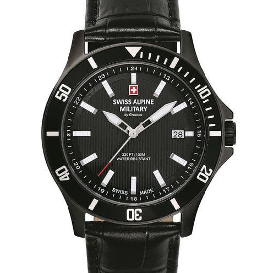 С ремешком Мужские наручные часы с черным кожаным ремешком Swiss Alpine Military 7022.1577 mens 42mm 10ATM