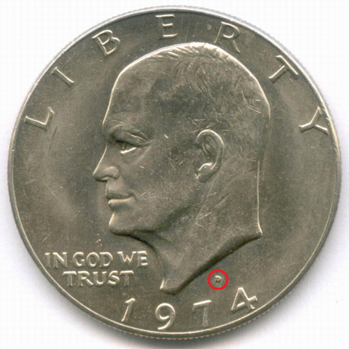 1 доллар 1974 год (D). США. Эйзенхауэр. Медь с медно-никелевым покрытием, диаметр 38.1 мм. AUNC
