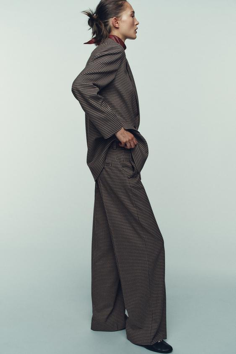 ZARA ПРЯМЫЕ БРЮКИ В КЛЕТКУ С ПОЯСОМ, КОРИЧНЕВЫЙ /ЭКРЮ