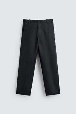 ZARA БРЮКИ STRAIGHT FIT ИЗ КОНОПЛИ И ХЛОПКА, МОРСКОЙ ТЕМНО-СИНИЙ