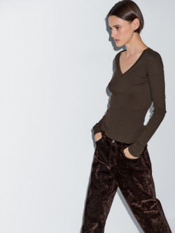 Massimo Dutti Футболка в рубчик с длинными рукавами, коричневый