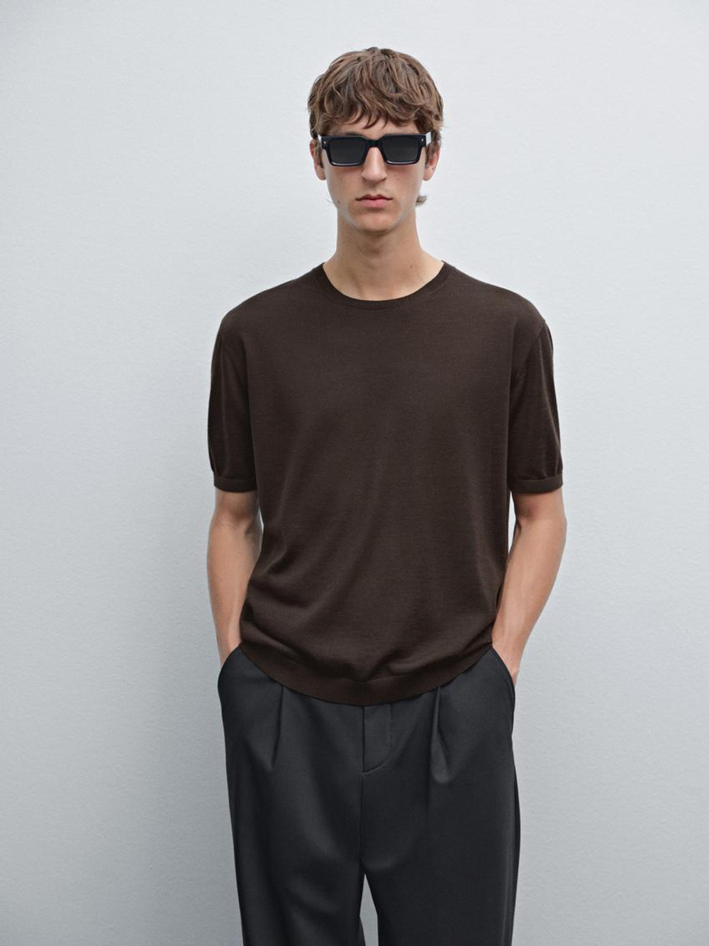 Massimo Dutti Трикотажная футболка с коротким рукавом, коричневый