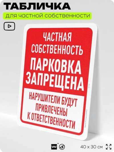 Табличка для частной территории "Частная собственность, парковка запрещена", на дом, для участка, организаций, предупреждающая, 40х30 см, Silver Plane x Айдентика Технолоджи