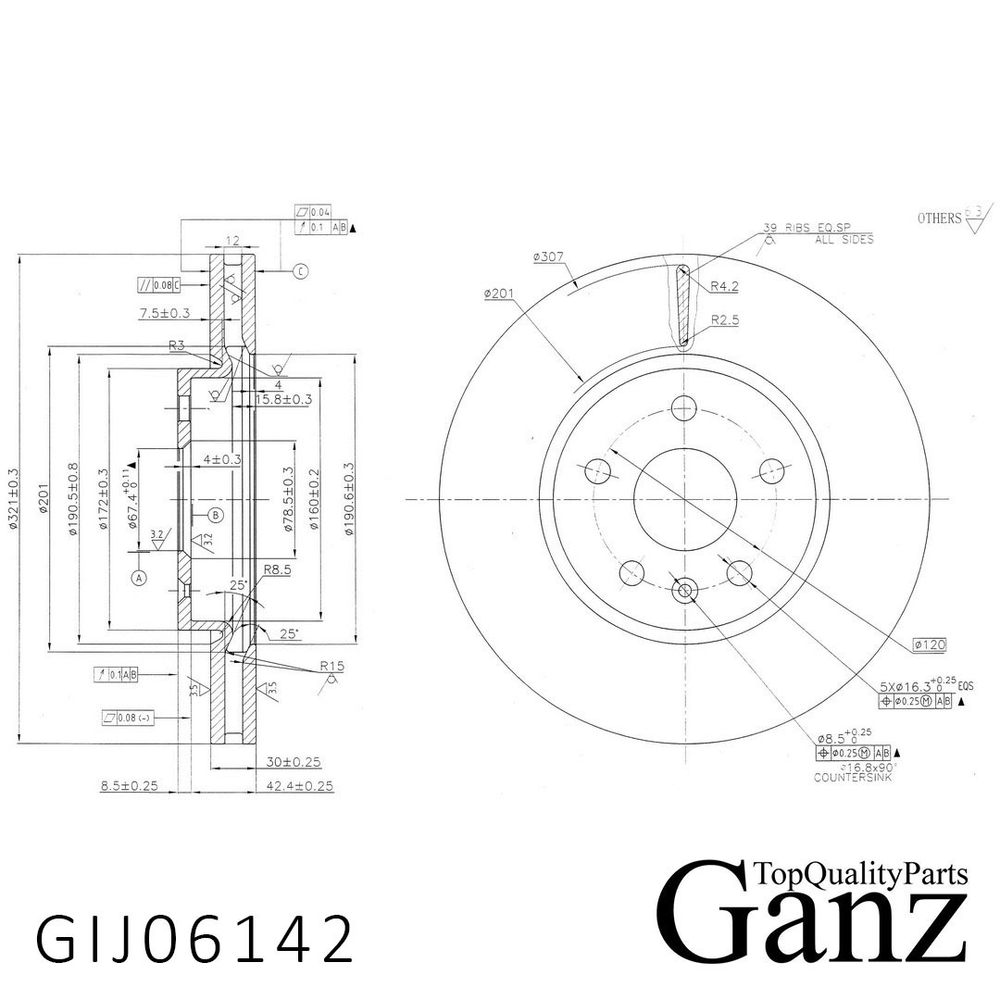 Диск тормозной передний с покрытием OPEL Insignia/SAAB 95 all 08 /Vent.D=321mm GANZ GIJ06142