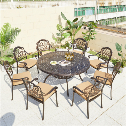 Комплект мебели из литого алюминия стол ВУЛКАН “VOLCANO” D150 арт.6091 + 8 кресел ЛАМБЕРТ «LAMBERT» арт.6007-8