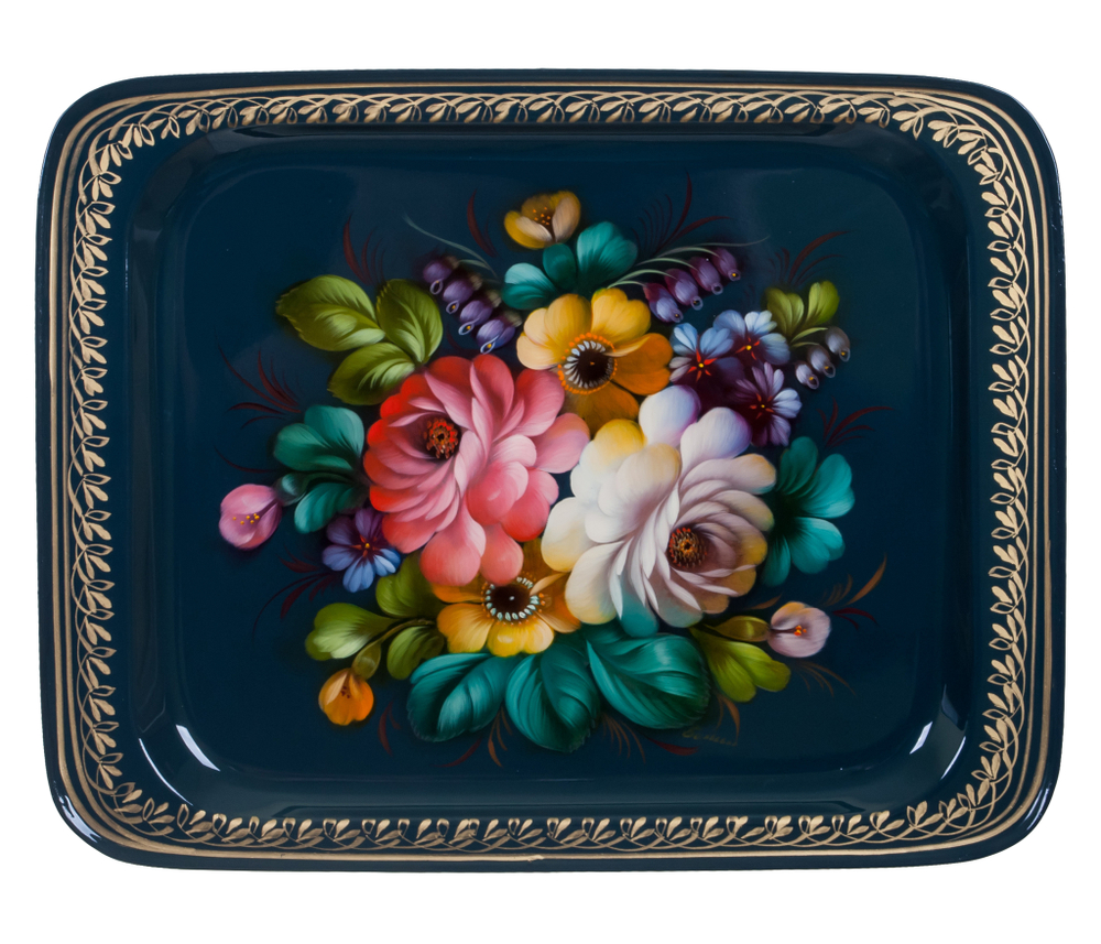 Жостовский поднос декоративный, размер 33х26 см (A13), металлический