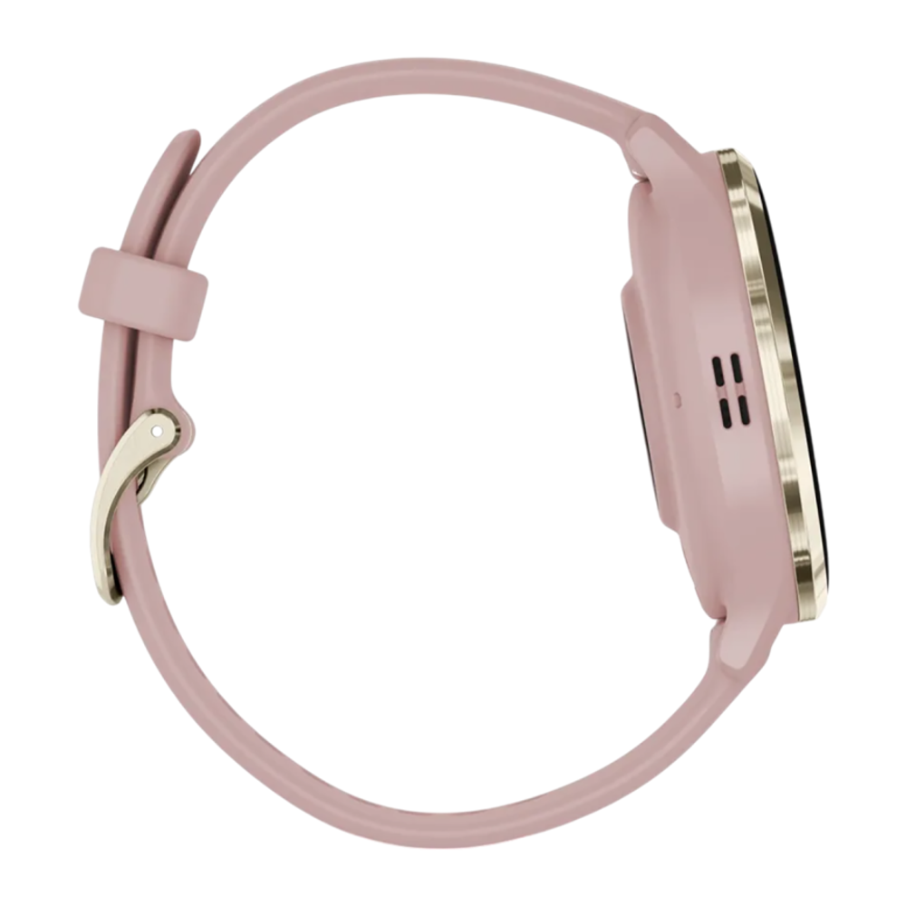Спортивные часы Garmin Venu 3S, 41 мм, силиконовый ремешок цвета «пыльная роза» Безель из нержавеющей стали золотистого цвета, корпус цвета «пыльная роза», AMOLED-дисплей со стеклом Gorilla Glass. Ремешок с классической застёжкой — на запястье обхватом 11
