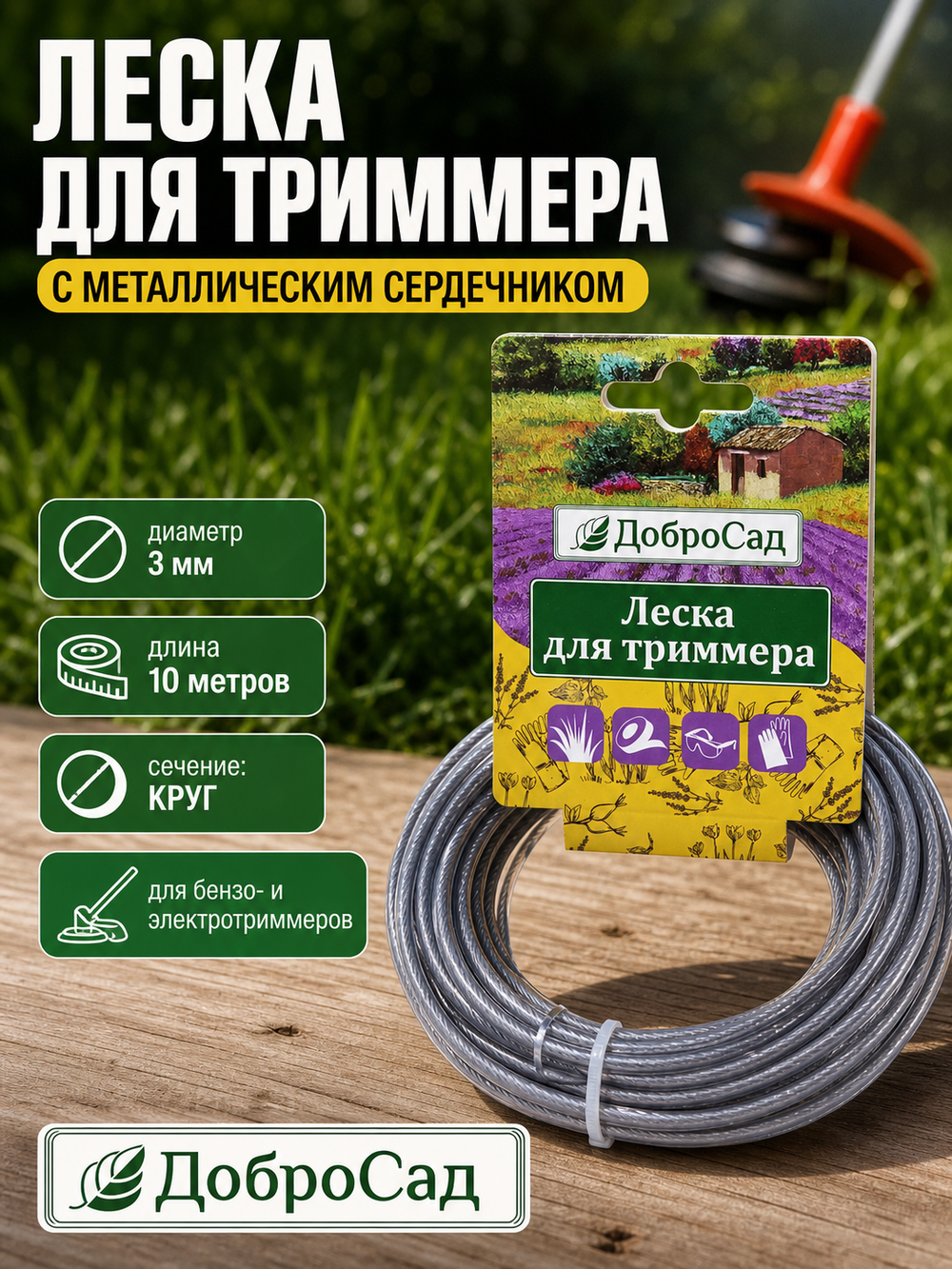 Леска для триммера 3,0мм*10м с металлическим сердечником круг ДоброСад