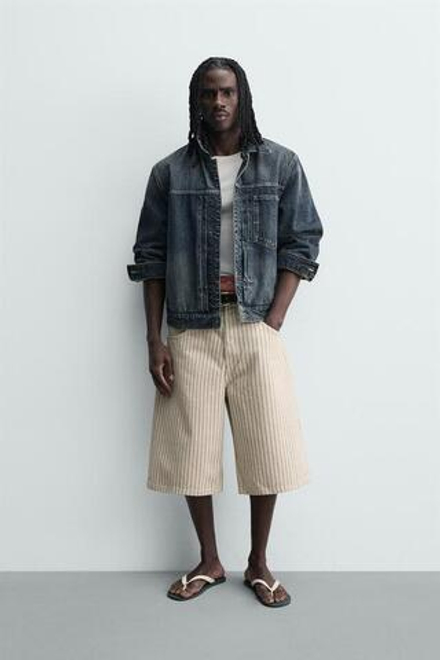 ZARA ШОРТЫ-ДЖОРТСЫ RELAXED FIT В ПОЛОСКУ, ЭКРЮ