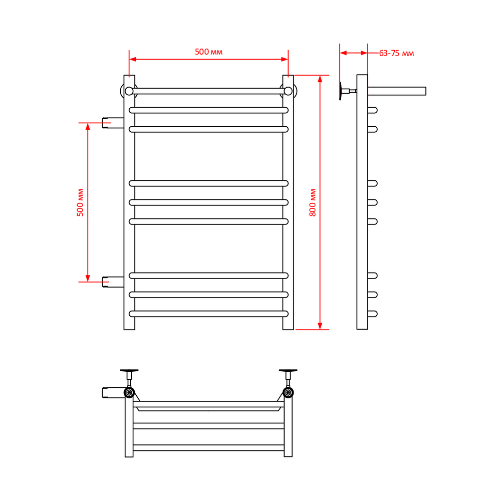 Полотенцесушитель MIXLINE MIRA  80х50х50 г2 (1'' НР, 8 перекладин + ПОЛКА, левое подкл) водяной
