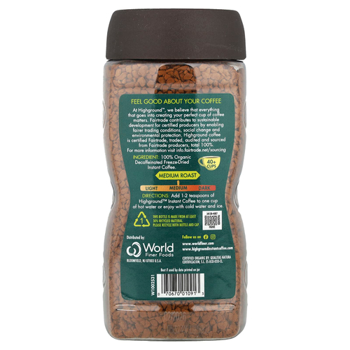 Highground Coffee, органический растворимый кофе, средняя обжарка, без кофеина, 100 г (3,53 унции)