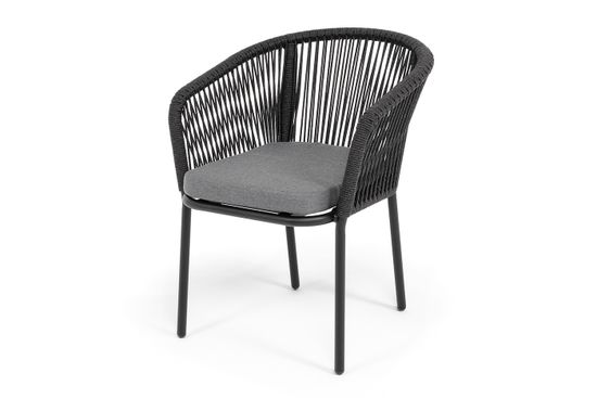 "Марсель" стул плетеный из роупа, каркас алюминий черный муар, роуп темно-серый круглый, ткань темно-серая 027