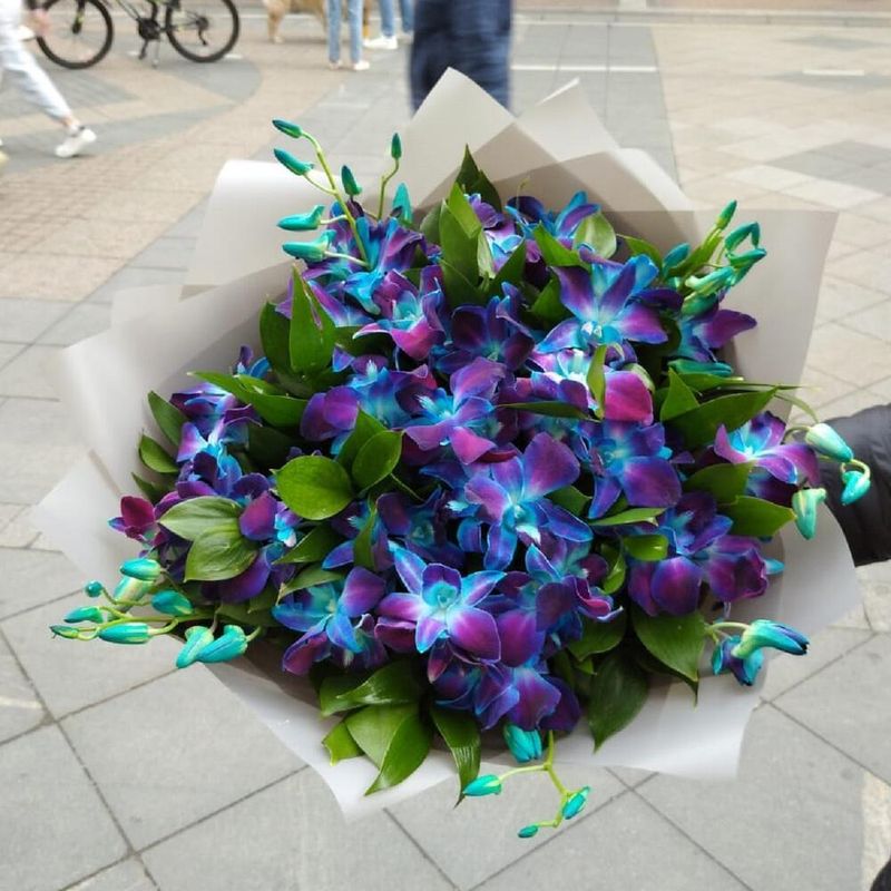Букет синих орхидей с рускусом. Букет 131 ALMOND ROSES