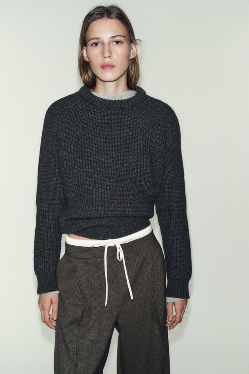 ZARA ШИРОКИЕ БРЮКИ С ДВОЙНЫМ ПОЯСОМ «ГУСИНАЯ ЛАПКА», ТЕМНО-КОРИЧНЕВЫЙ