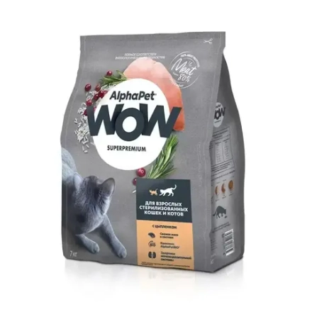 Сухой корм ALPHAPET WOW Superpremium для взрослых стерилизованных кошек и котов c цыпленком - 7 кг