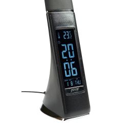 TLD-542 Black-LED-300Lm-5000K-Dimmer Светильник настольный c часами. календарем. термометром. 5W. Сенсорный выключатель. Черный стилизован под кожу. TM Uniel.