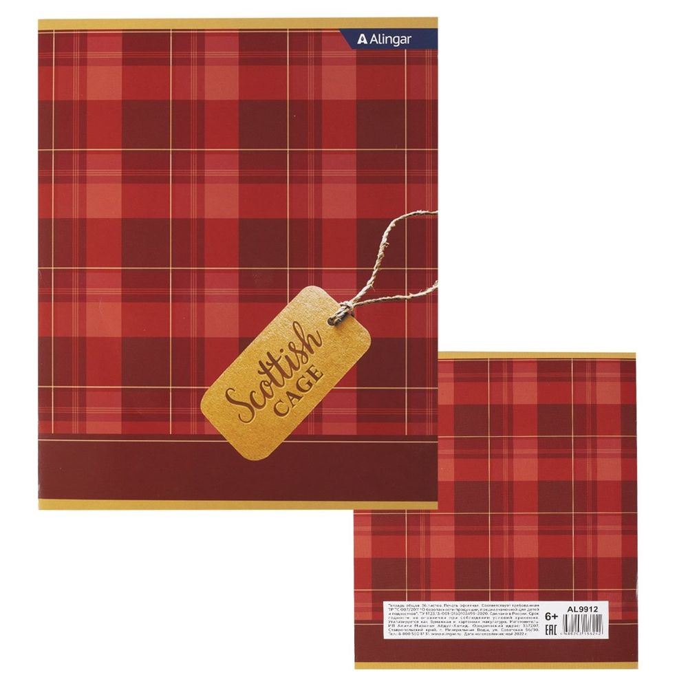 Тетрадь 36 л., А5, клетка, Alingar "Шотландская клетка", скрепка, второй блок 60г/м2, мелованный картон (стандарт), 4 дизайна в пленке т/у