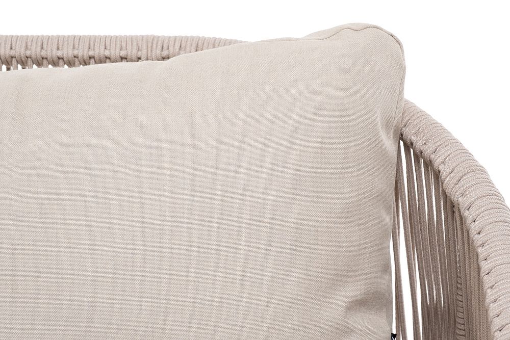 "Милан" диван 3-местный плетеный из роупа, каркас алюминий белый муар, роуп бежевый круглый, ткань бежевая 15052