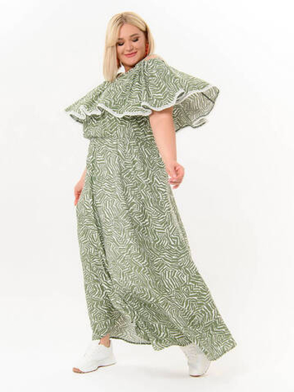 Платье с воланом по горловине, оливковое