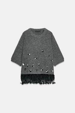 ZARA СВИТЕР ИЗ ШЕРСТИ С ПАЙЕТКАМИ И ПЕРЬЯМИ, СЕРЫЙ