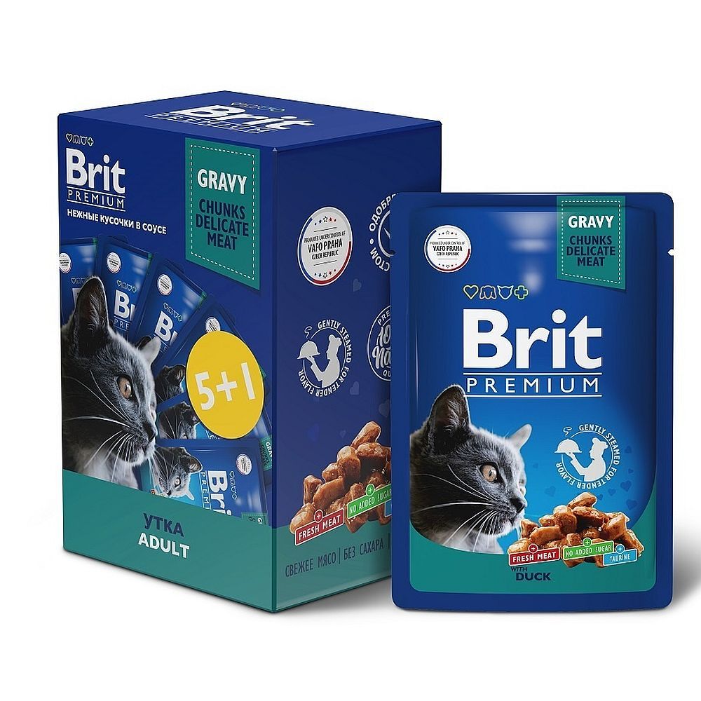 Набор влажных кормов Brit Premium для взрослых кошек с уткой в соусе, Паучи 5+1 по 85 г Набор влажных кормов Brit Premium для взрослых кошек с уткой в соусе, Паучи 5+1 по 85 г