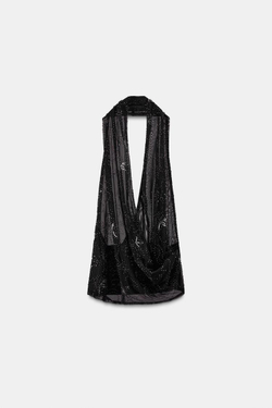 ZARA ТОП С ГОРЛОВИНОЙ ХАЛТЕР, ВЫШИВКОЙ И БУСИНАМИ, ЧЕРНЫЙ