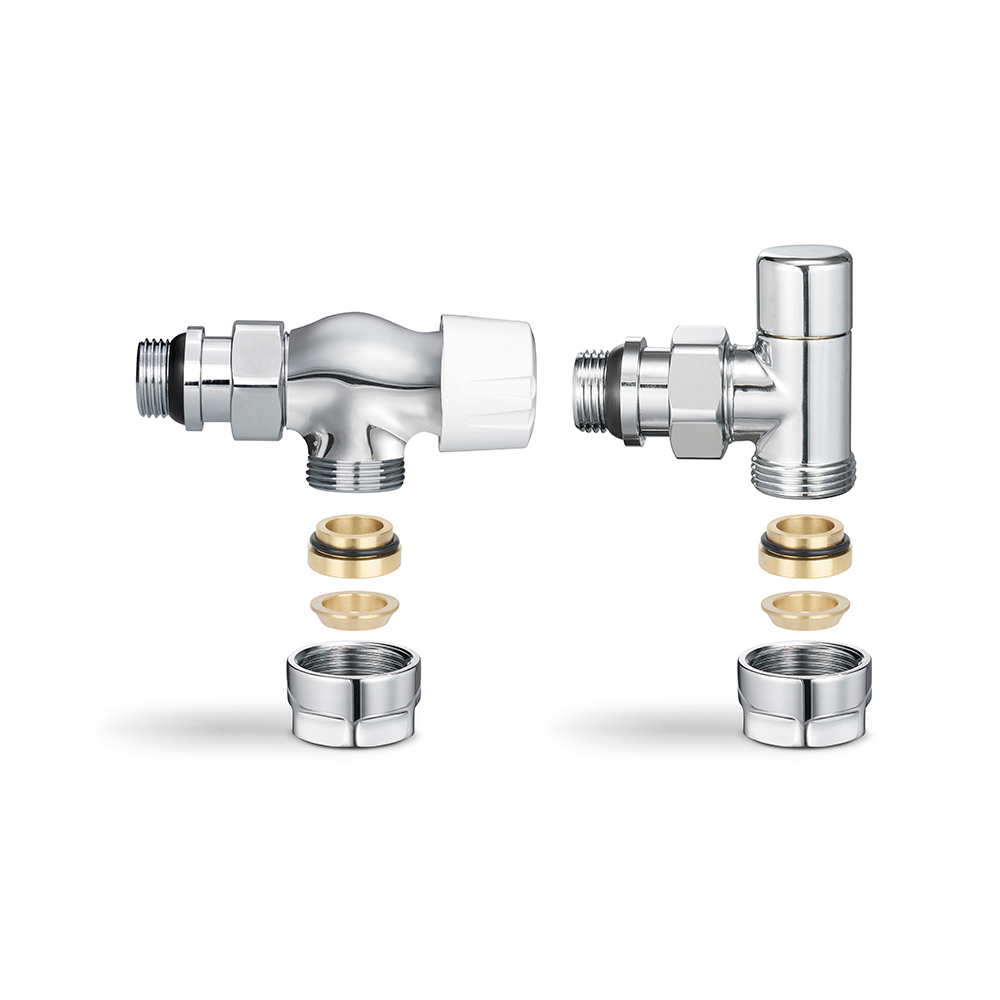 Комплект радиаторных клапанов осевой Varmega VMDV12 хром - 3/4" x 1/2" (НР/НР-американка, PN10, Tmax 110°C, O-ring)