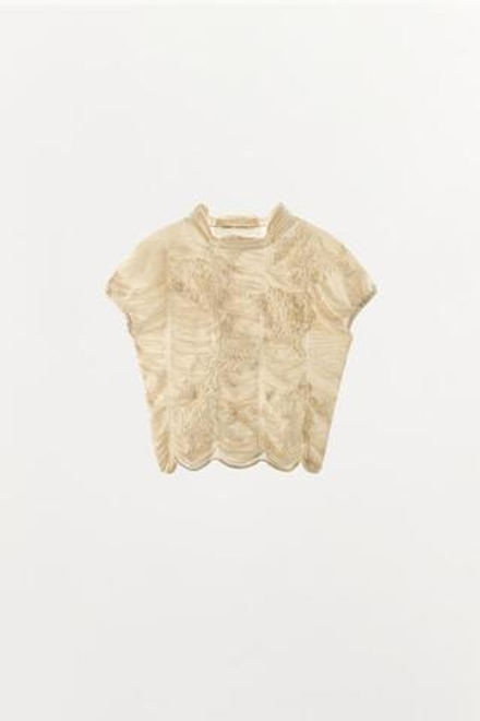 ZARA ТРИКОТАЖНЫЙ ТОП СО СБОРКАМИ И ВЫШИВКОЙ, ЭКРЮ