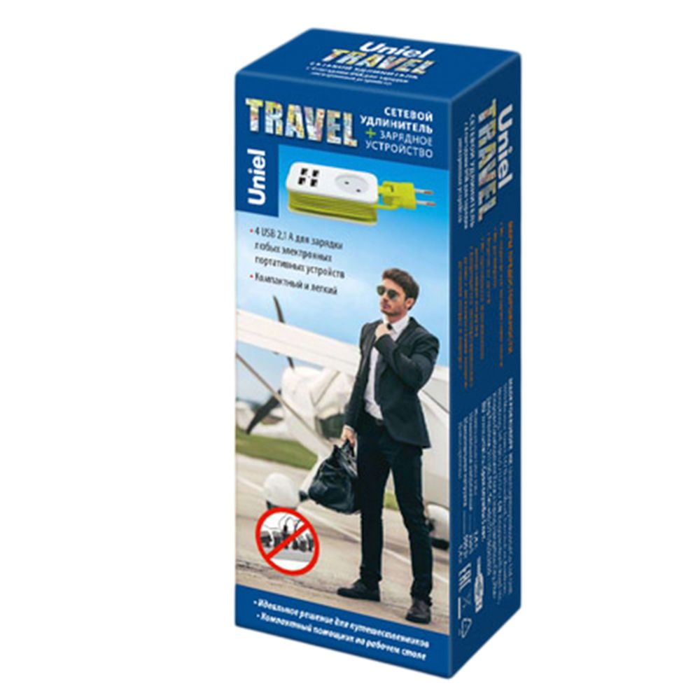 S-CT1-1.5U WHITE-GREEN Удлинитель серии Travel. шнур 1.5м.. 1 гнездо. 10A. б-з. 4USB2.1A. Белый с салатовым. ТМ Uniel