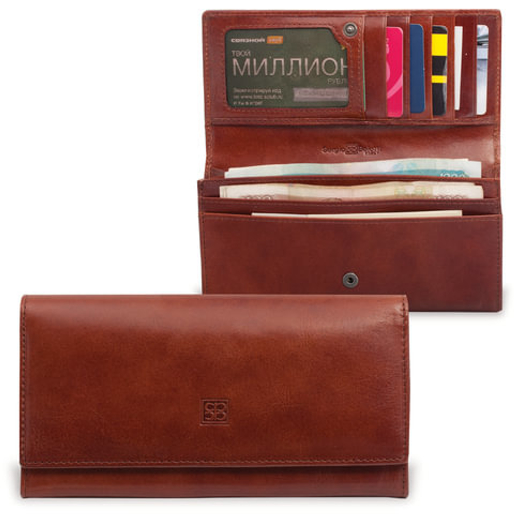 Портмоне женское SERGIO BELOTTI, 175х90х15 мм, натуральная кожа, застежка-кнопка, коричневое, Италия, 1075