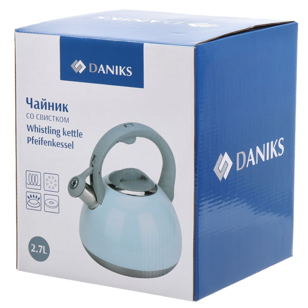 Чайник нерж, 2.7 л, свист, ручк бакелит, с силик покр, Daniks, индукц, голуб, M-083B