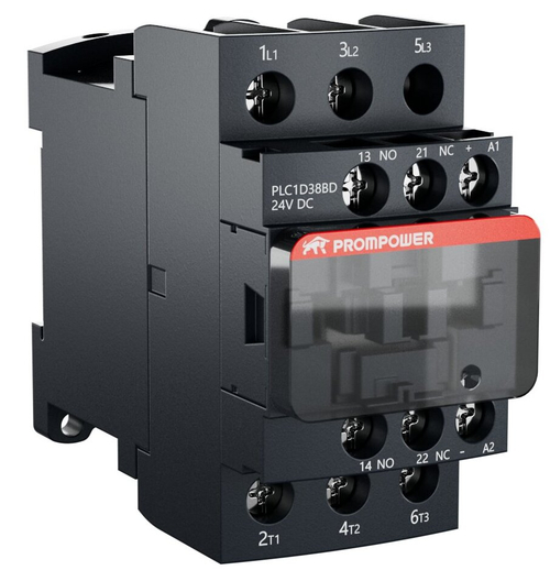 Контактор Prompower PLC1D38BD серии Pulse, ток 38А, 3 полюса, доп контакт 1НО+1НЗ, катушка 24DC