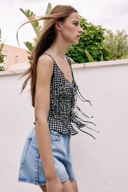 ZARA ДРАПИРОВАННЫЙ ТОП В КЛЕТКУ ВИШИ, ЭКРЮ/СИНИЙ