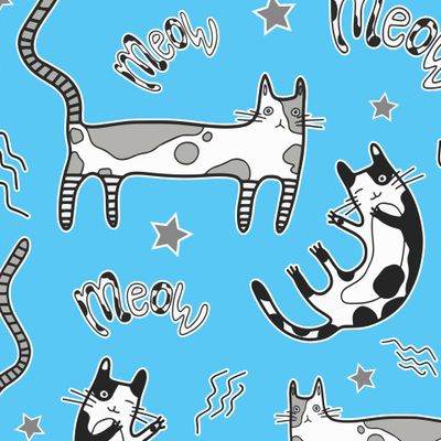 Модные коты, звёздочки и надписи на голубом фоне.