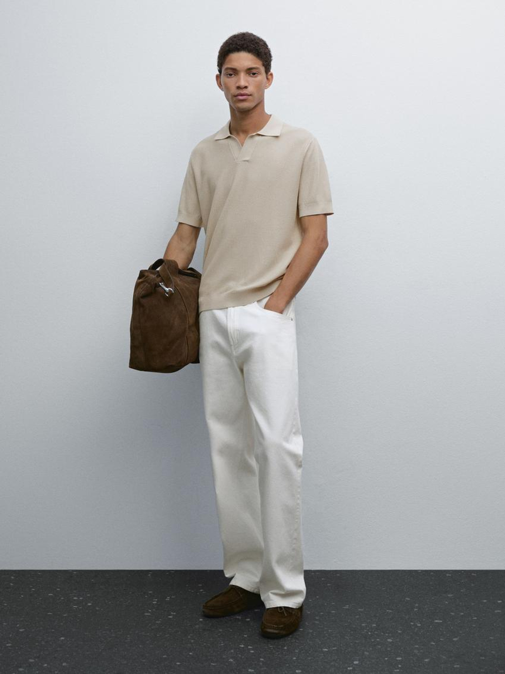 Massimo Dutti Поло из трикотажа с коротким рукавом и фактурной отделкой, зеленый